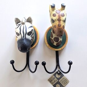 NWT Carved Wood Zebra & Giraffe Wall Hooks Set | Safari Nursery Decor Coat Hange